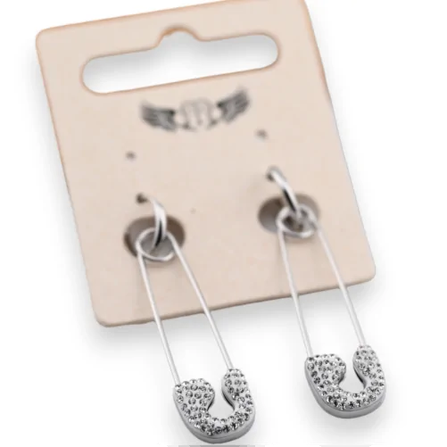Silver plated steel earring with a strass safety pin