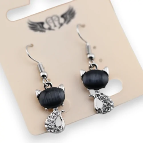 Silver Black Cat Earrings with Rhinestones