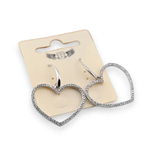 Fancy silver earrings featuring a heart-shaped pendant with rhinestones