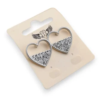 Silver fancy earrings heart half white rhinestones