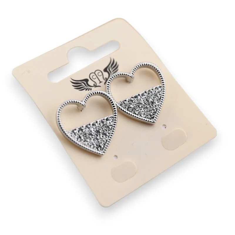 Silver fancy earrings heart half white rhinestones