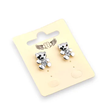 Fancy silver teddy bear earrings with a shiny finish