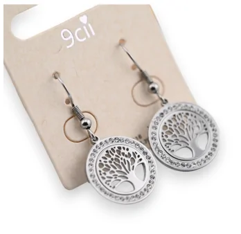 Silver steel tree of life sparkling earrings