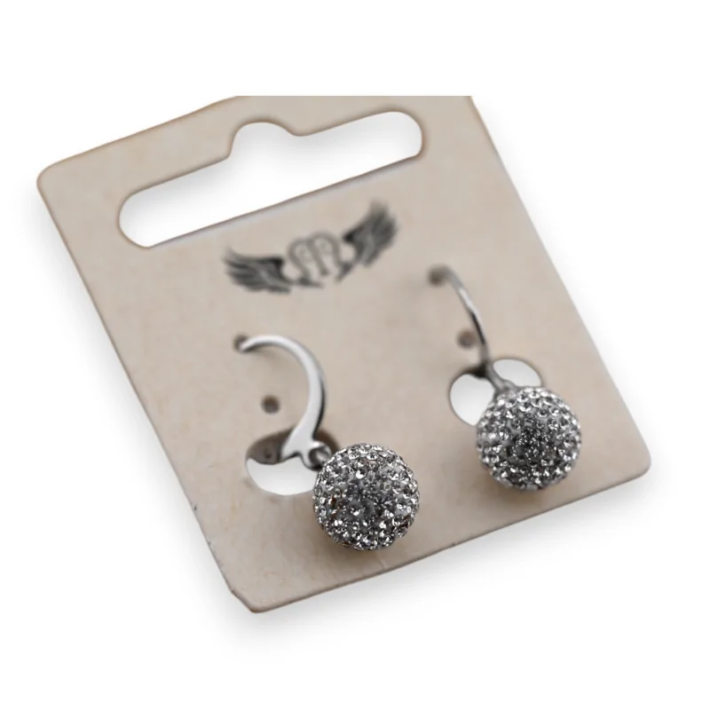Silver plated steel earrings dangling ball crystal