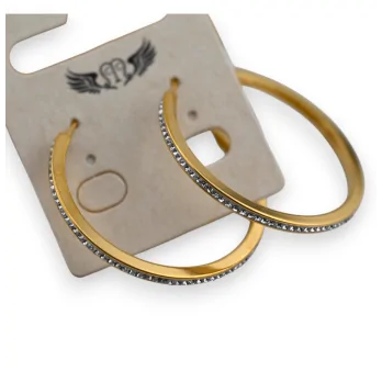Golden steel creole earring with small rhinestones