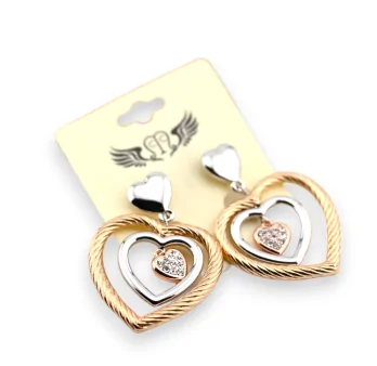 Fancy triple heart earring, gold and silver