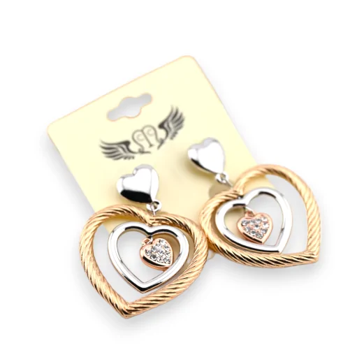 Fancy triple heart earring, gold and silver