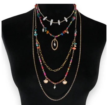 Gold-plated fancy necklace with four rows of multicolored stones