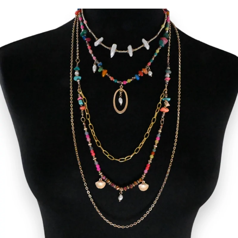 Gold-plated fancy necklace with four rows of multicolored stones