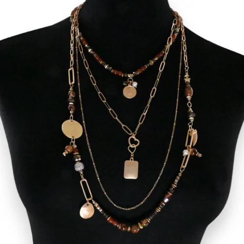 Golden Fancy Necklace with 4 Rows of Brown Stones