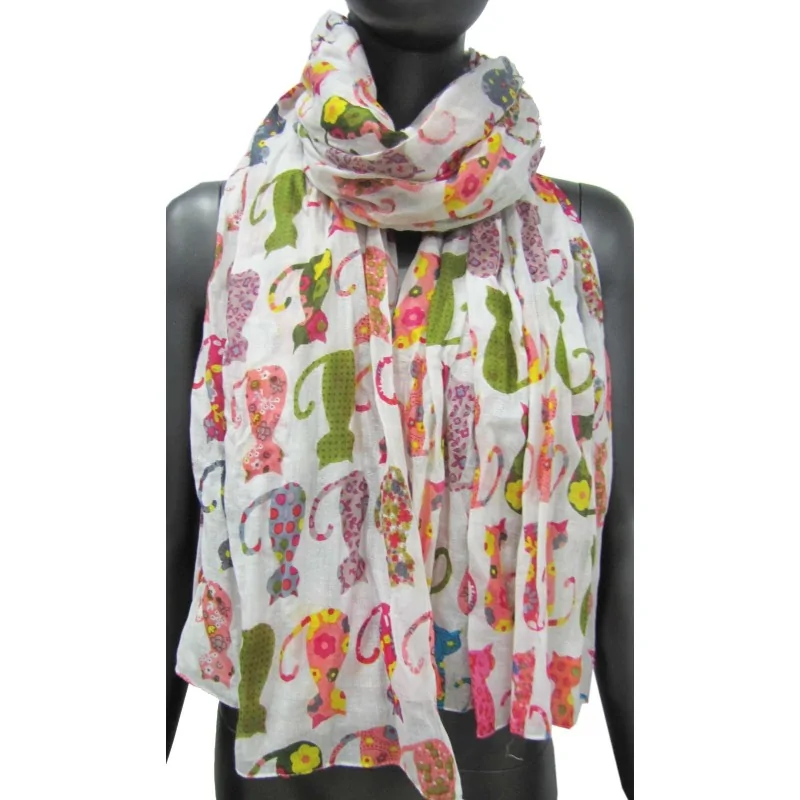 Foulard motif chat rose et vert fantaisie