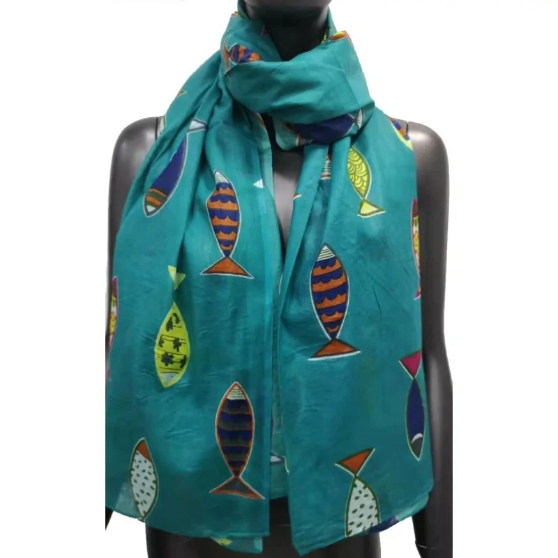 Foulard femme motif poisson bleu canard