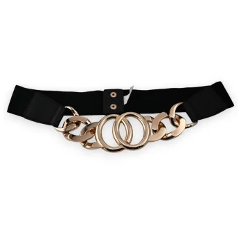 This elastic fancy belt features a big golden buckle design