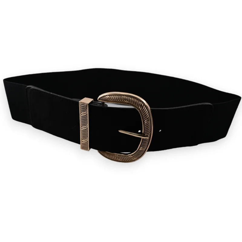 Ceinture fantaisie élastique femme boucle dorée noire