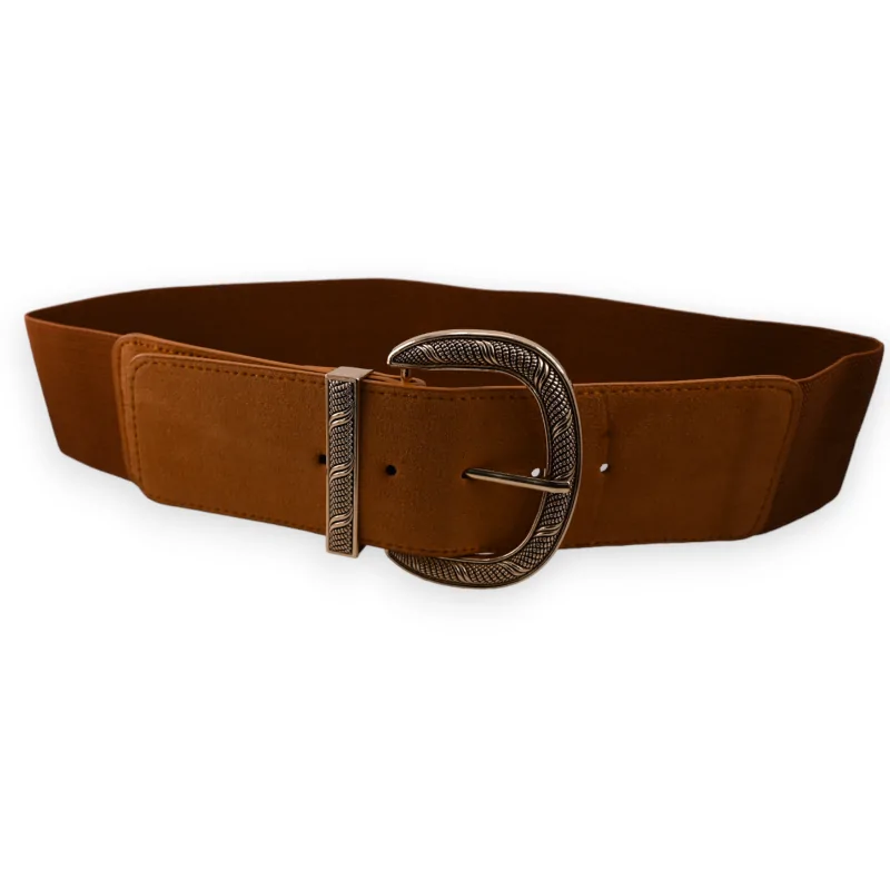 Elastic Women's Fancy Belt with Golden Buckle Camel