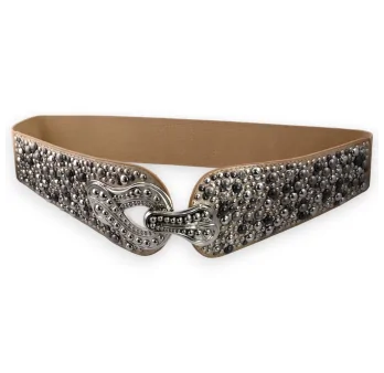 Elastic Women\'s Belts with Silver and Taupe Rivets and Studs