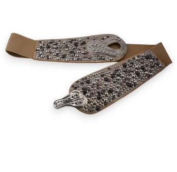 Cintura elastica fantasia da donna con chiodi e rivetti color argento e taupe
