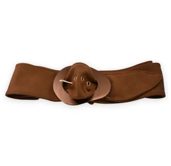 Fancy women\'s belt made of suede camel fabric and metal buckle