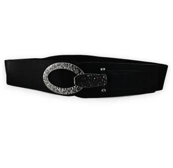 Cintura elastica fantasia da donna nera con fibbia argentata