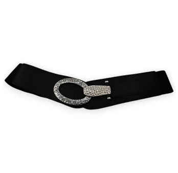 Cinturón de fantasía elástico para mujer con hebilla plateada en color negro