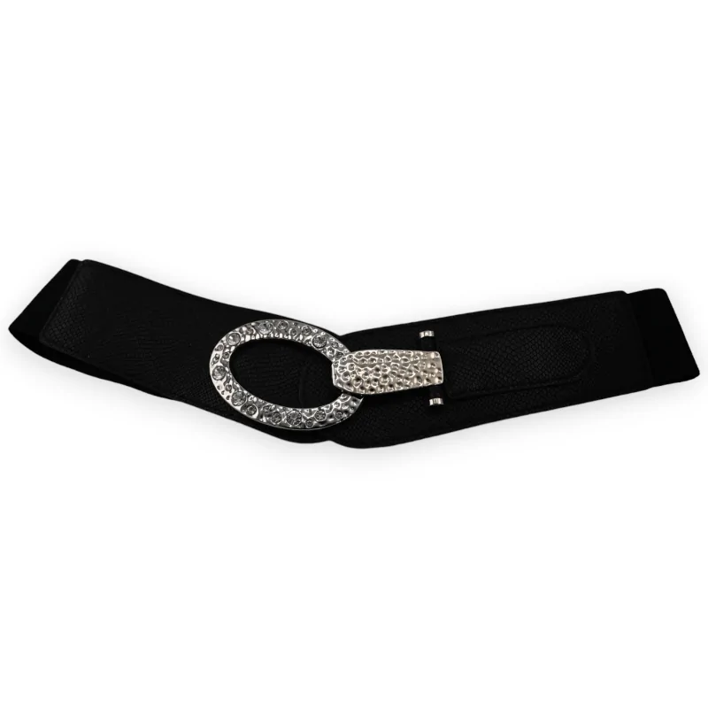 Ceinture fantaisie élastique femme noire boucle argentée