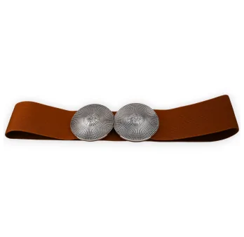 Cintura elastica da donna marrone con fibbia metallica argento invecchiato con motivo a rilievo