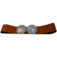 Women's brown elastic belt with aged silver metal buckle featuring a relief