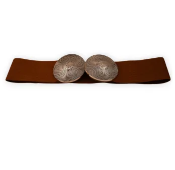 Cinturón de fantasía elástico para mujer marrón con hebilla de oro envejecido relieve