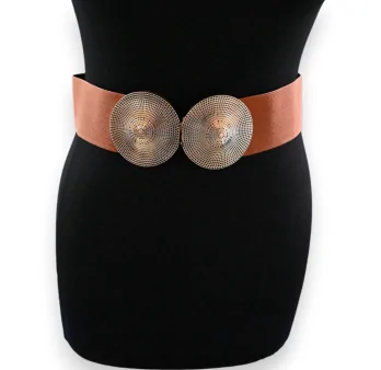 Cinturón de fantasía elástico para mujer marrón con hebilla de oro envejecido relieve