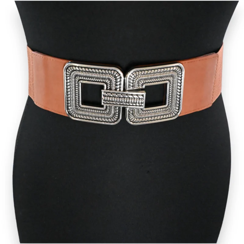 Ceinture fantaisie elastique femme camel boucle carree