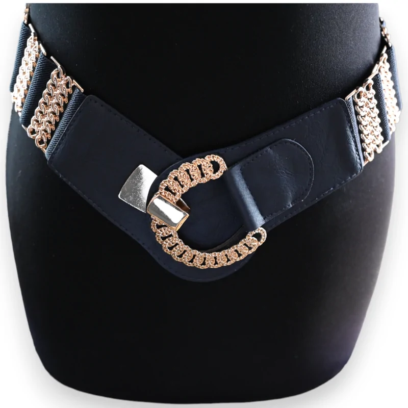 Ceinture Fantaisie Elastique Femme Bleu Marine Dore Accessoire Mode Chic