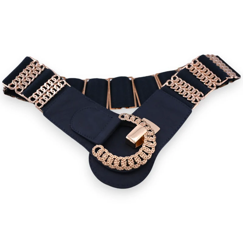 Ceinture Fantaisie Elastique Femme Bleu Marine Dore Accessoire Mode Chic