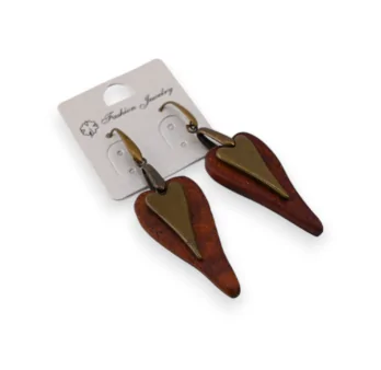 Wood and metal double heart ethnic earrings