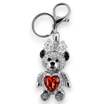 Silver teddy bear keychain with red heart for girl