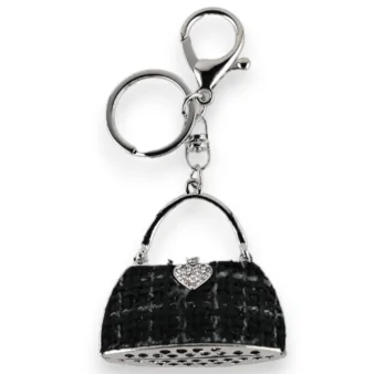 Porte-clés argenté sac à main tissu noir et gris relief