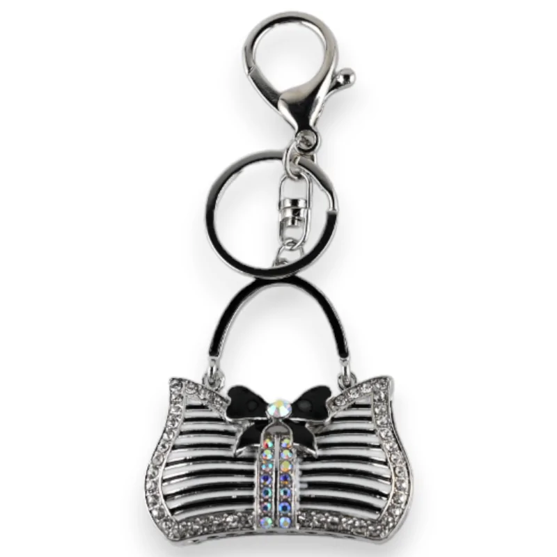 Silver Keychain Striped Black and White Handbag