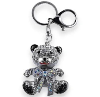 Silver teddy bear keychain with white bow