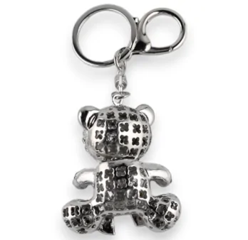 Silver teddy bear keychain with black bow