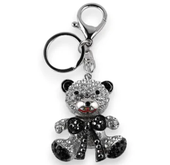 Silberner Schlüsselanhänger Teddybär schwarzes Schleifchen