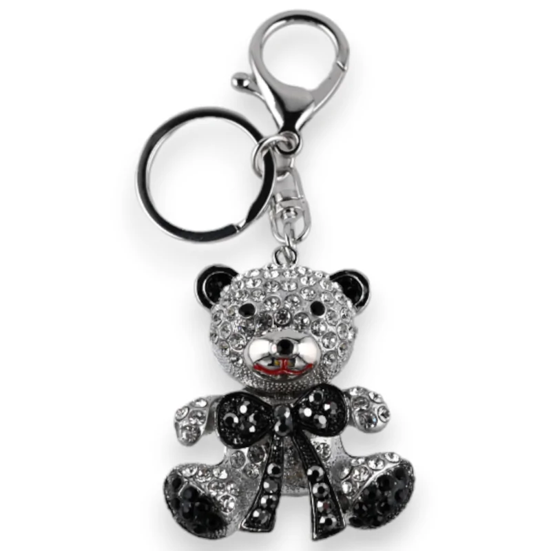 Silver teddy bear keychain with black bow