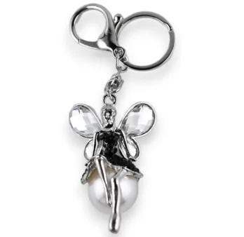 Silver fairy keychain with dark blue rhinestones