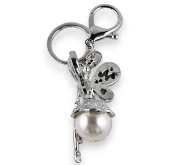 Silver fairy keychain with white rhinestones