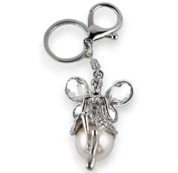 Silver fairy keychain with white rhinestones