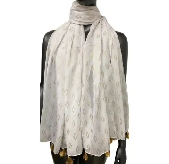 Foulard habillé blanc orné de dorure et de pompons