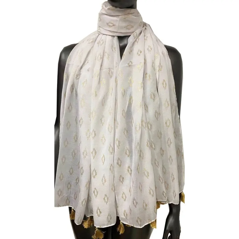 White dress scarf adorned with gilding and pom-poms