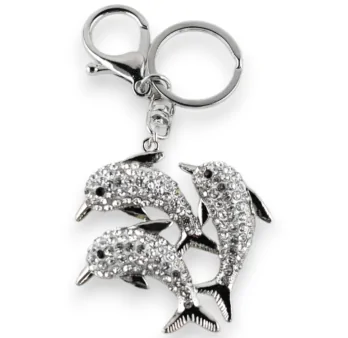 Porte-clés argenté banc de dauphin strass