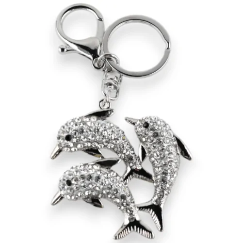Porte-clés argenté banc de dauphin strass