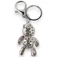 Silver teddy bear keychain with white and fuchsia rhinestones