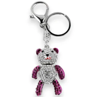 Silberner Schlüsselanhänger Teddybär weiß und fuchsia Strass Silberner Schlüsselanhänger Teddybär weiß und fuchsia Strass