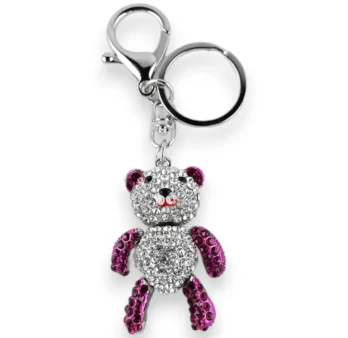 Silver teddy bear keychain with white and fuchsia rhinestones
